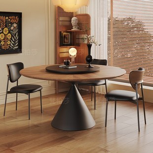 复古奶油家用高端带转盘饭桌中古风圆桌实木纹理圆形岩板餐桌法式