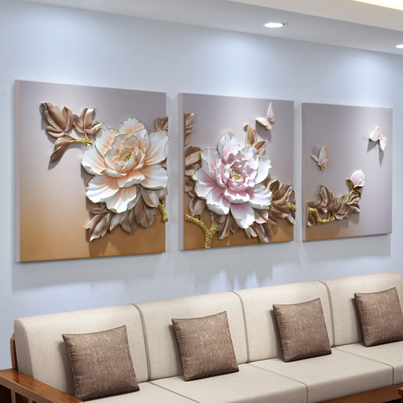 新客厅现代饰画沙发背景墙壁牡丹挂画立体卧室浮雕画