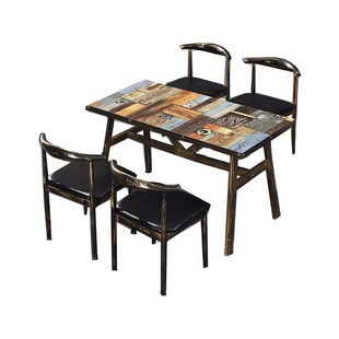 快餐桌椅长方形饭店早餐小吃店餐饮烧烤奶茶店复古铁艺牛角椅