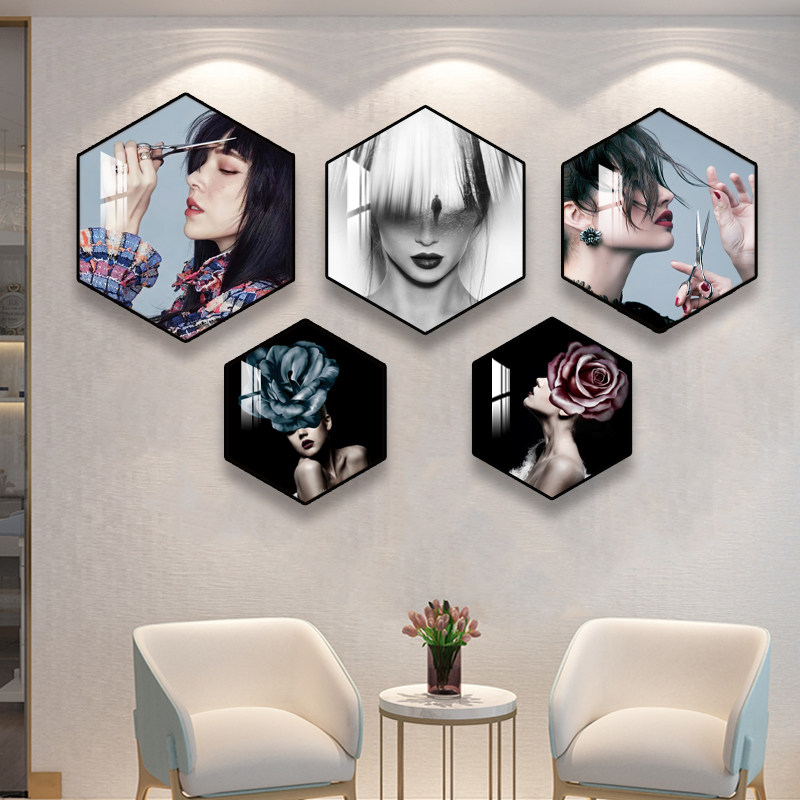 理发店墙面装饰画美发店挂画发廊六边形发型图片沙发背景墙画,家居饰品,现代装饰画,淘宝优惠券,粉丝福利购,淘宝优惠卷