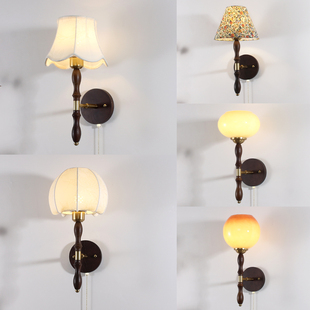 法式 复古布艺印床头壁灯包豪斯奶油风实木阳台过道走廊背景墙灯