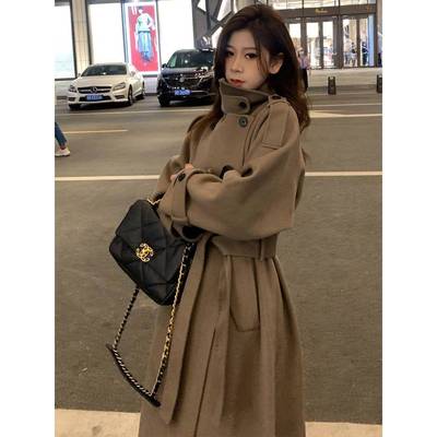 毛呢外套女秋冬小个子中长款高级感棕色法式双面呢子大衣韩系