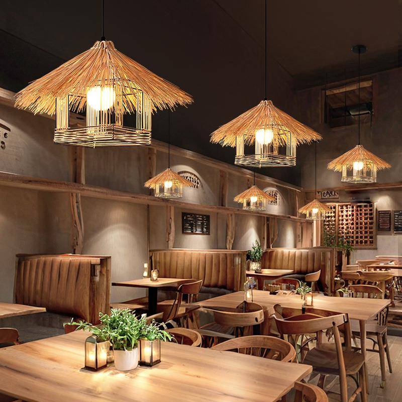 东南亚藤编吊灯创意手工编织复古灯罩个性火锅店鸟巢竹编房子吊灯