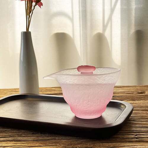 日式粉色玻璃盖碗家用三才分茶器女士主人杯国潮风品茗杯茶具