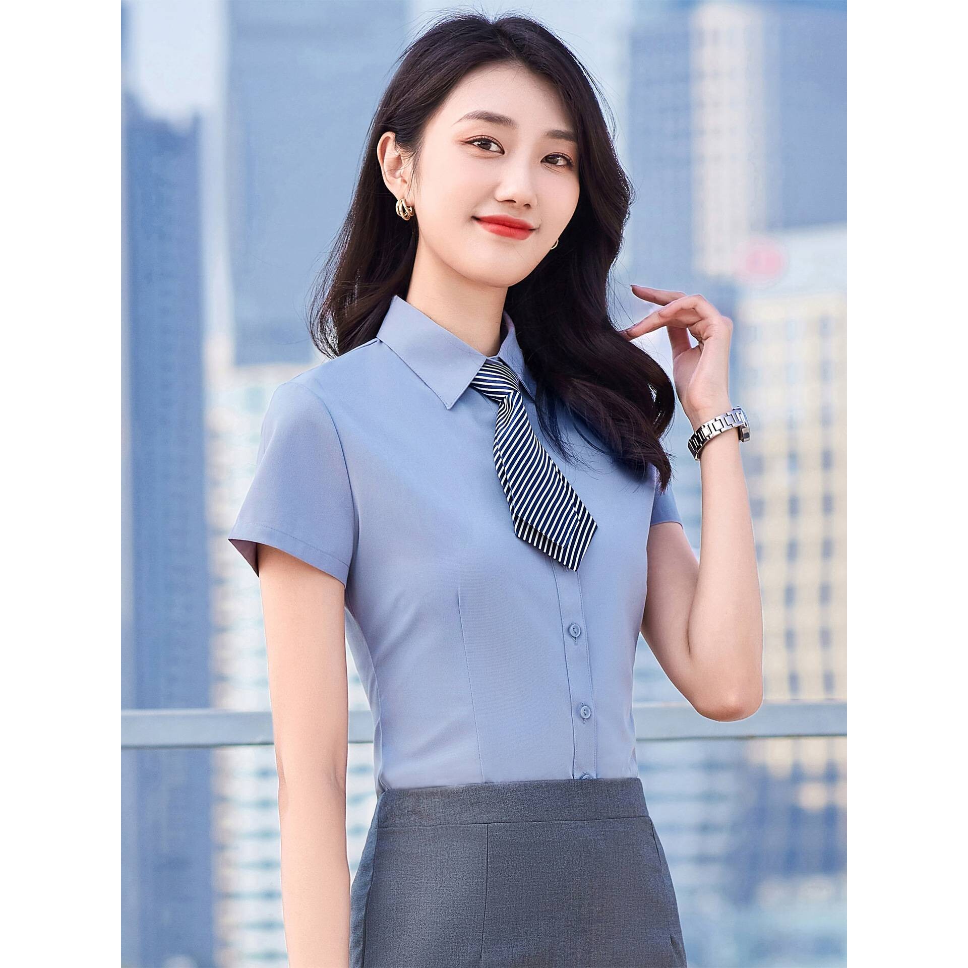 竹纤维职业白色衬衫夏季短袖正装工装气质女士衬衣酒店前台工作服