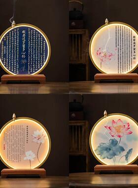 新中式LED佛龛背景灯 禅意客厅佛像展示台圆形发光般若心经灯摆件