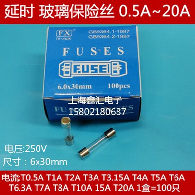 全国包邮 延时玻璃保险丝6X30 T0.5A 1A 2A 3A 4A 5A 6A T8AL250V