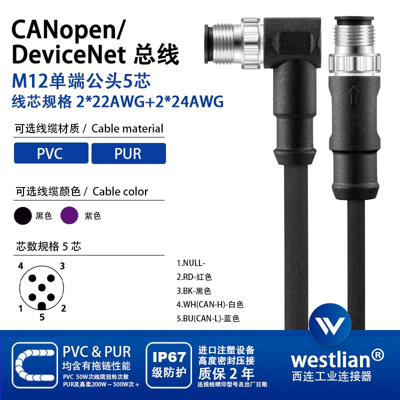 DeviceNet/CANopen总线协议M12公头针型5针带屏蔽通讯连接线