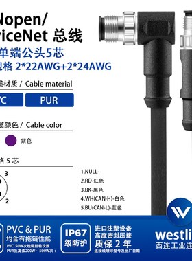DeviceNet/CANopen总线协议M12公头针型5针带屏蔽通讯连接线