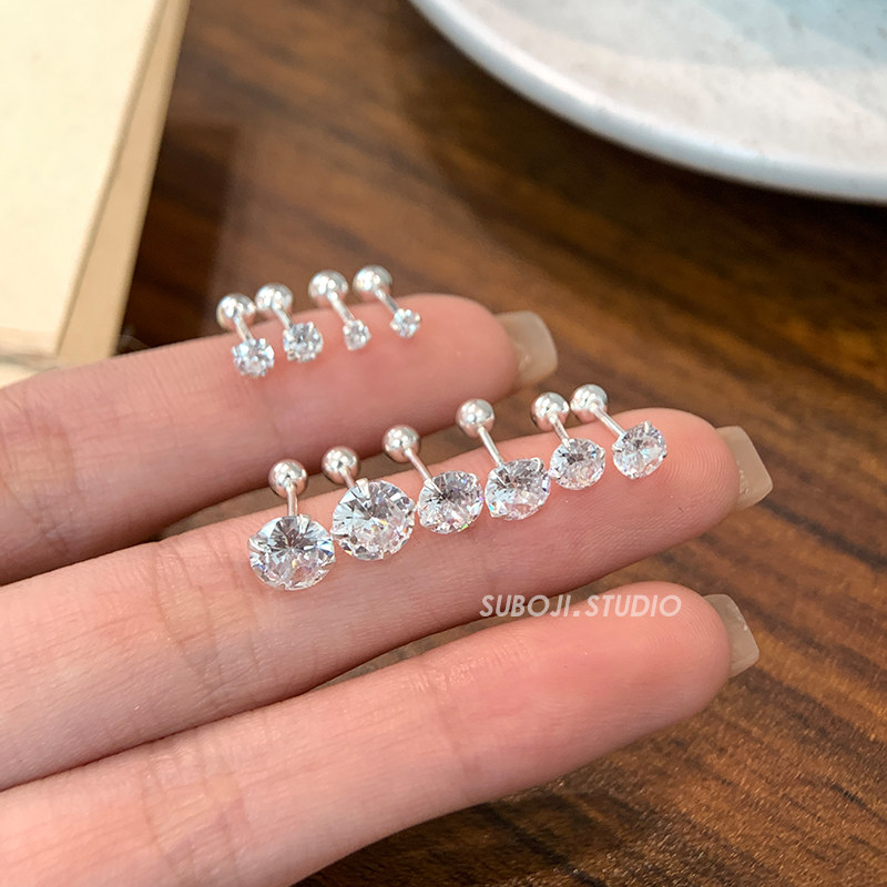 素泊集s999纯银四爪锆石耳钉女养耳洞耳环爆闪高级感耳饰日常百搭