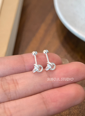 素泊集s999纯银如意结耳钉女小众耳环高级螺丝耳饰养耳洞睡觉免摘