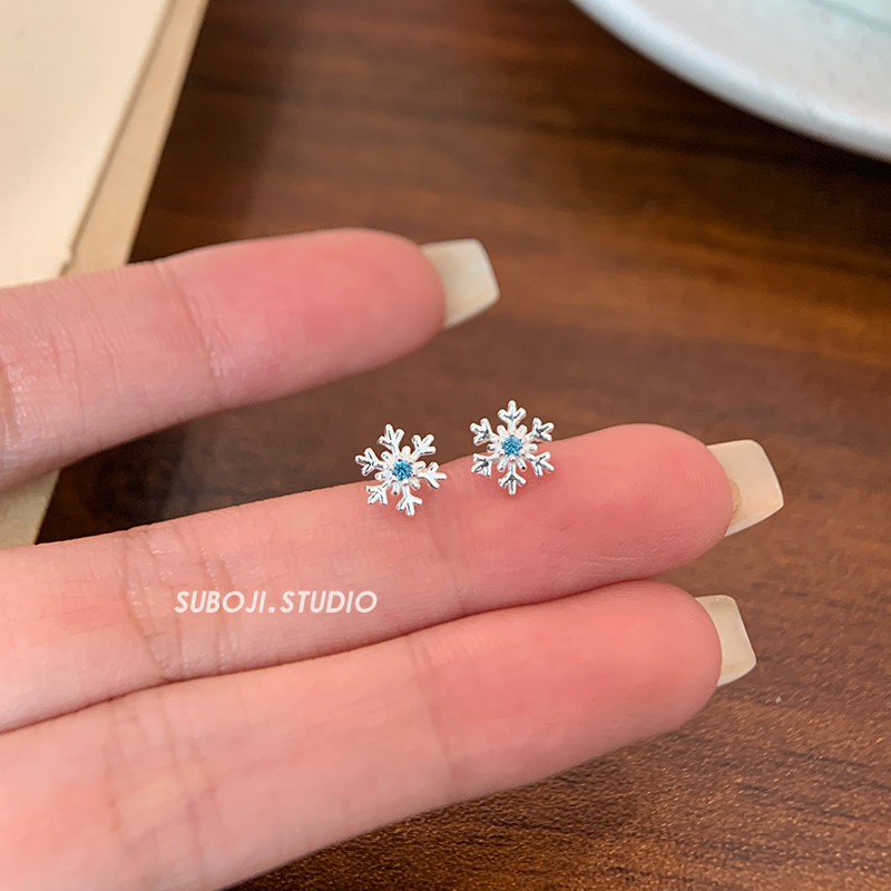 素泊集s999纯银蓝色雪花耳钉女设计感小众耳环高级耳饰养耳洞免摘