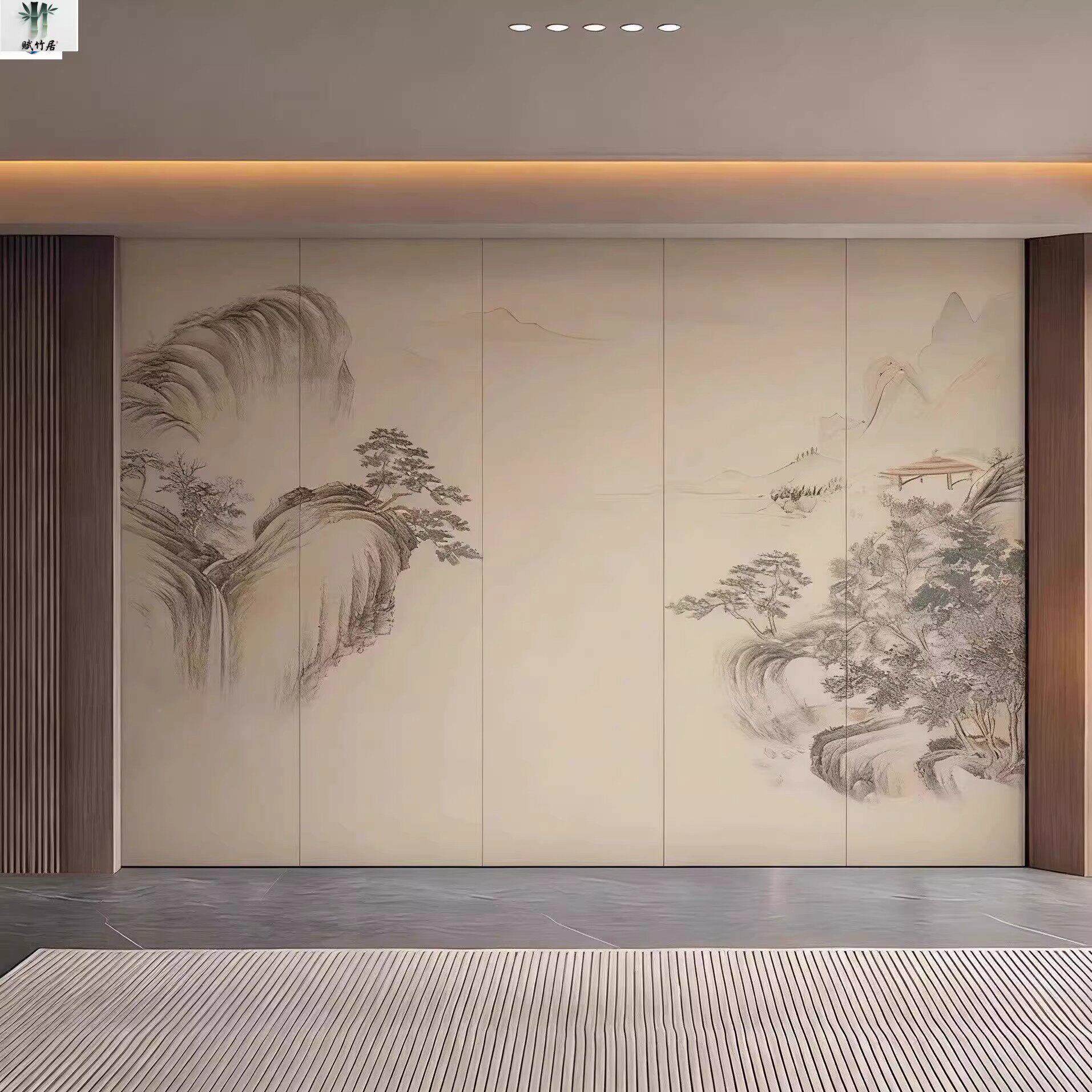 新中式古板风山水画扣客厅电视背景墙板碳晶玄关MVX画宋氏美学墙