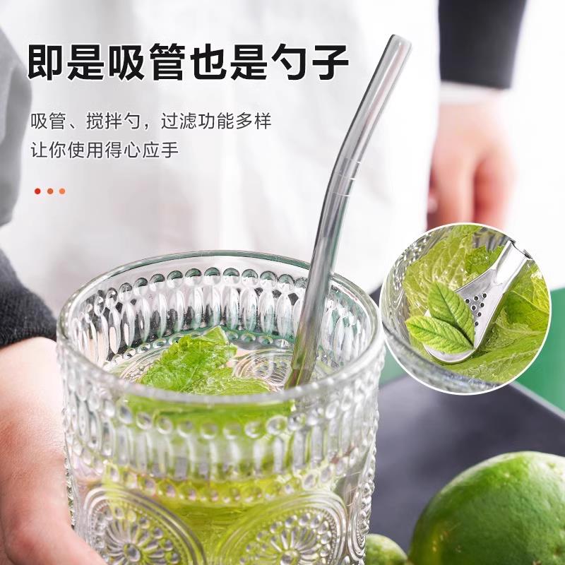 加长吸管勺子304不锈钢奶茶搅拌过滤一体两用环保粗金属非一次性
