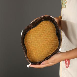 竹柒阁高颜值手工缎面竹编果盘客厅茶几家用收纳托盘干果盘茶点筐