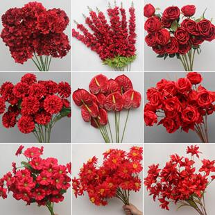 婚庆红色系彷真花路引插花排背景装饰的单枝花束婚礼吊顶绢花软装