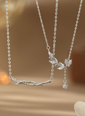 S999足银花枝蝴蝶情侣项链清新森系精致搭配显瘦锁骨链