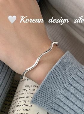 韩国ins博主同款银饰品 S925纯银重工波浪手镯 小众设计感手环女