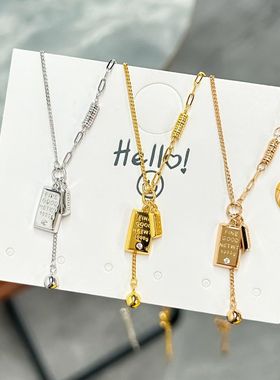 s925纯银项链女小金砖吊坠锁骨链时尚百搭方块链坠精致高级感颈链