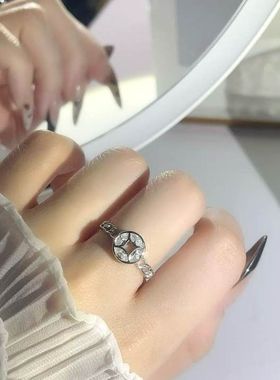 s925纯银戒指女款铜钱麻花交叉开口指环时尚百搭精致高级感食指戒