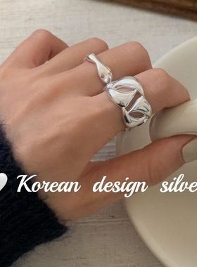 韩国个性冷淡风设计饰品 925纯银宽版重工戒指叠戴高级开口指环女