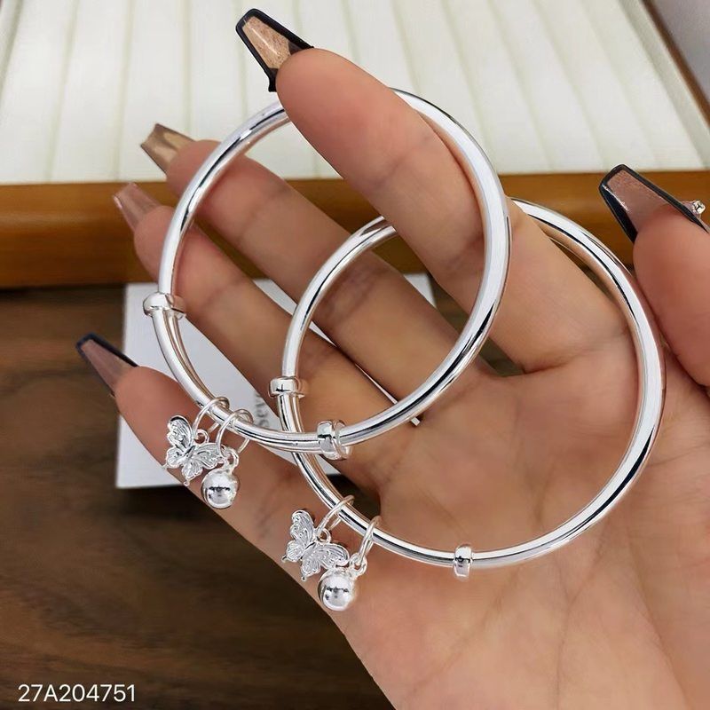 s999纯银手镯女实心光面推拉蝴蝶铃铛手环个性百搭时尚年轻款手饰