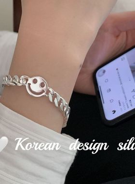 韩国ins博主同款银饰品 S925纯银重工笑脸手链 小众设计简约高级