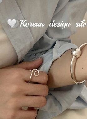 韩国东大门简约亮银饰品 S925纯银重工磨砂古法圆球手镯女ins手环