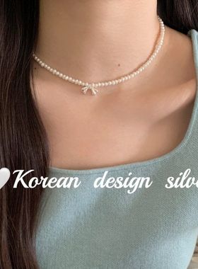韩国ins风手工饰品 S925纯银温柔气质蝴蝶结天然珍珠项链叠戴高级