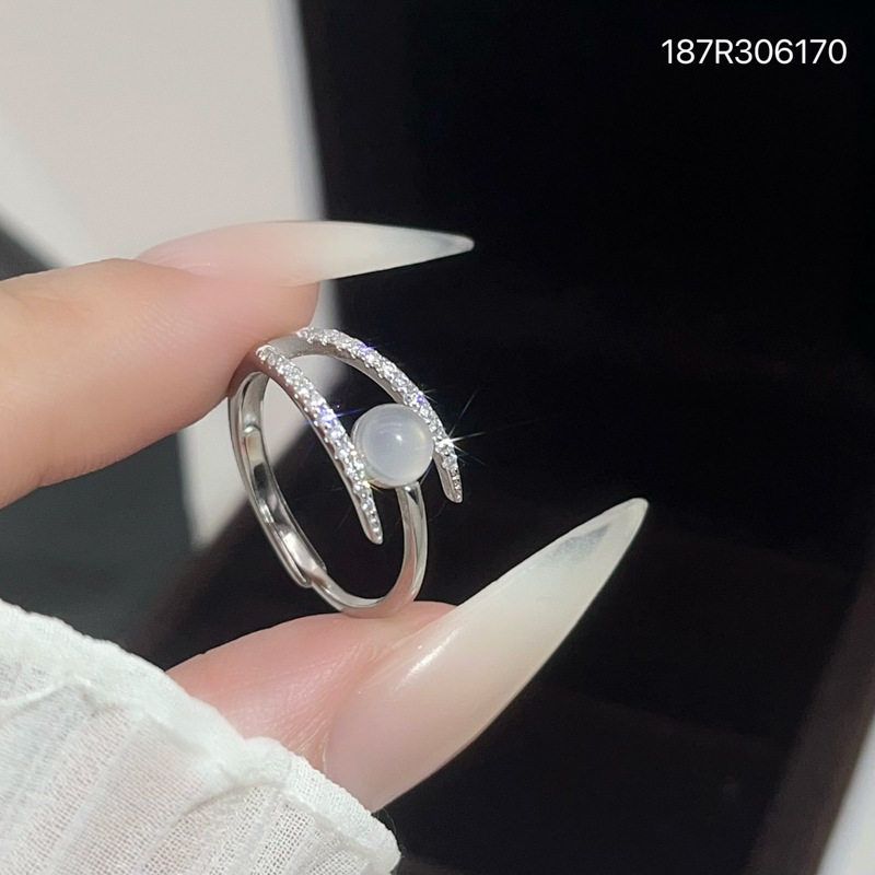 s925纯银戒指女食指戒个性指环百搭几何圆圈相扣玉髓气质开口手饰