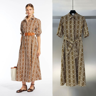 M家现货高端意奢经典印花连衣裙女士翻领棉衬衫式收腰中长裙SKFM