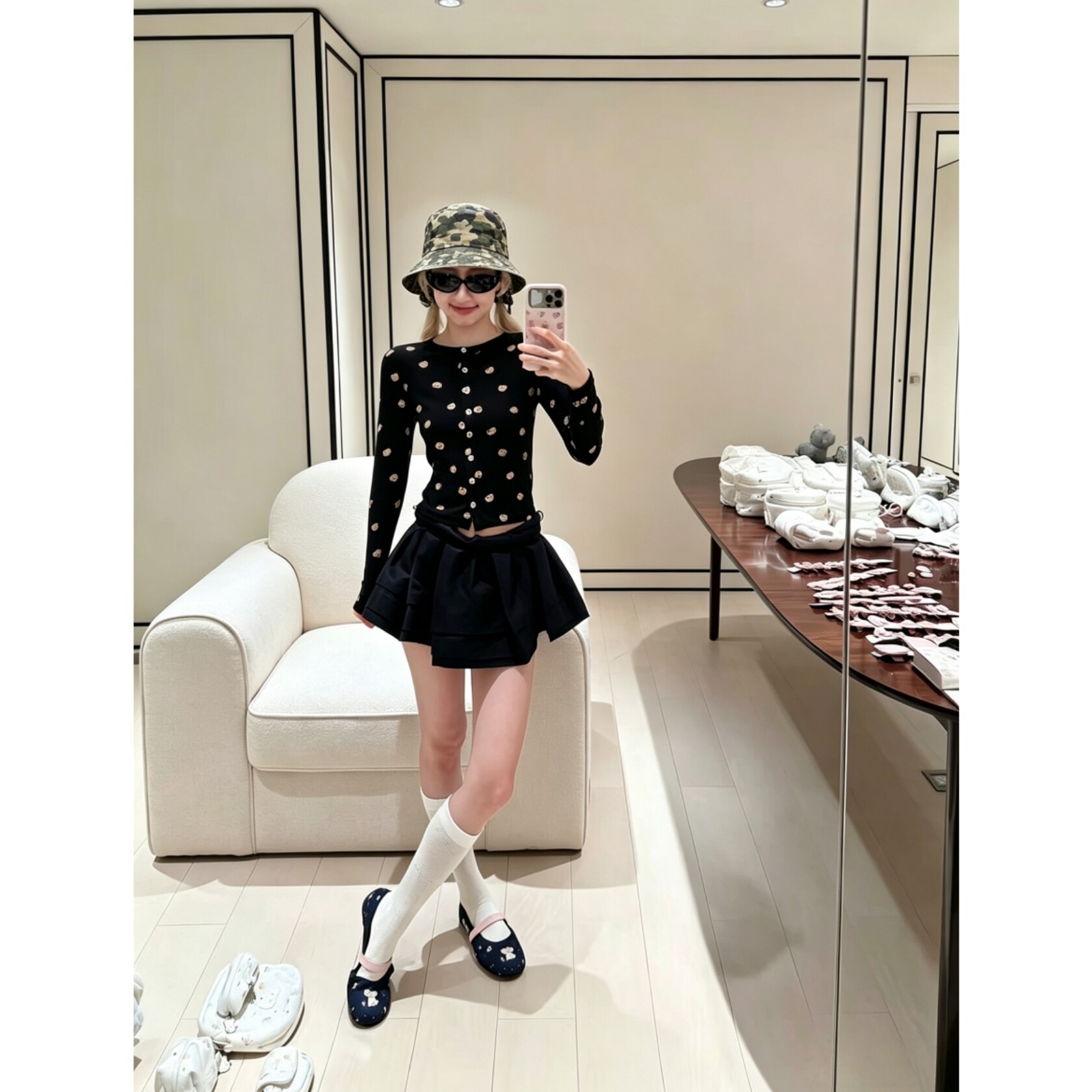 幼态乖乖甜妹系~奶油黑熊头满印春夏修身长袖开衫半裙合集女套装