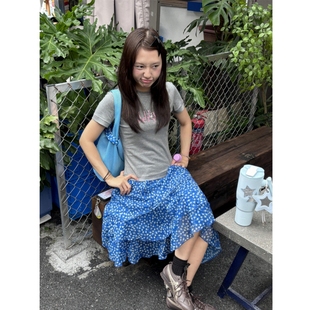 果 复古简约字母印花正肩短袖 顽季 美式 女夏 T恤修身 显瘦圆领短款