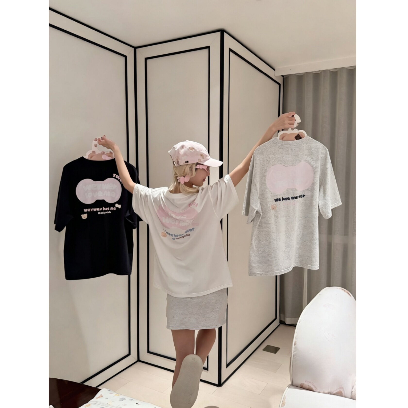 小熊细节戳少女心~饼干蝴蝶结合集印花奶乖软妹慵懒短袖女上衣T恤
