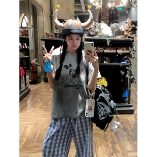 顽季 圆领纯棉灰色T恤女减龄可爱上衣 果 韩系chic趣味米奇印花短袖