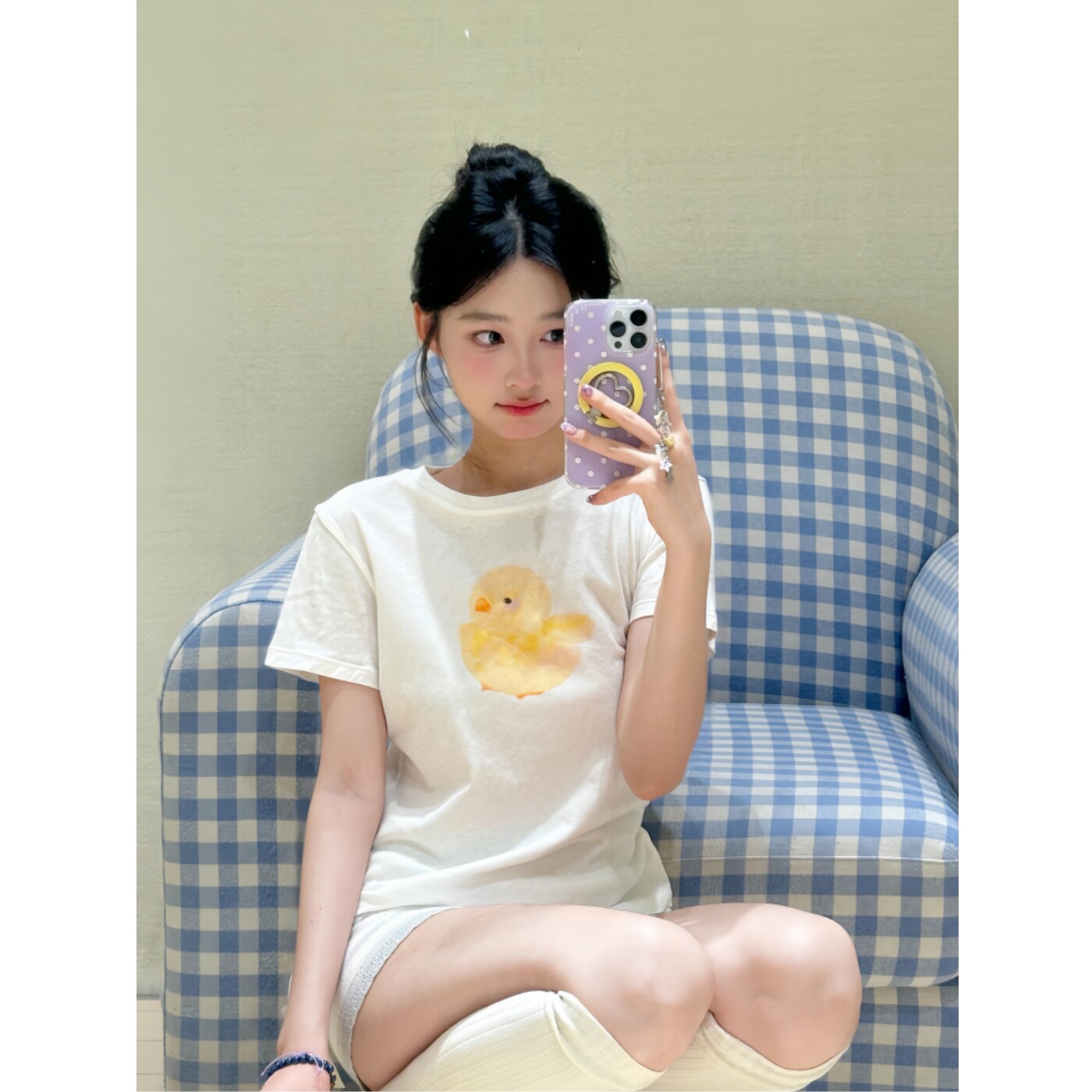 甜美风~小黄鸭印花正肩短袖T恤女图片