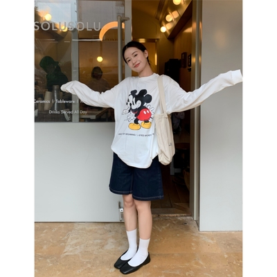 韩系慵懒风米奇印花长袖女T恤秋