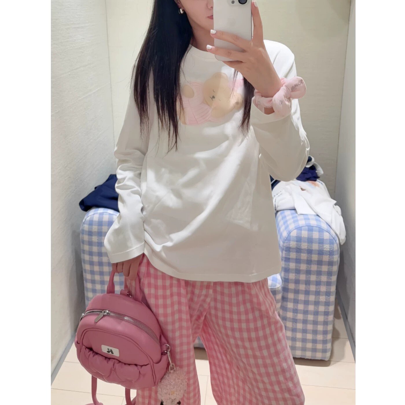 顽季果 萌趣可爱睡觉粉奶熊印花宽松纯棉圆领长袖T恤女上衣秋季
