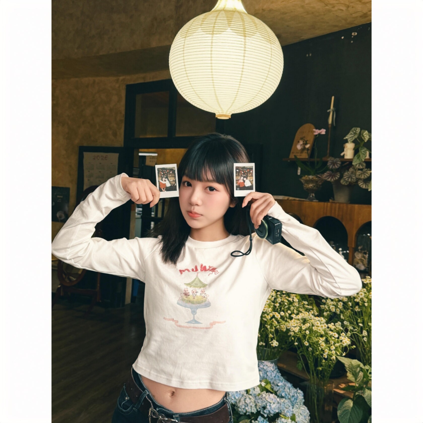 顽季果 日系文艺风~卡通趣味图案印花正肩修身圆领显瘦长袖女T恤