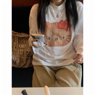 果 罩衫 可爱萌趣 微透长袖 防晒T恤女上衣夏 饼干kt猫印花薄款 顽季