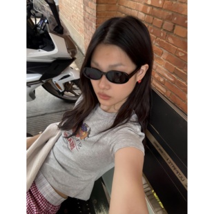 韩国ins 女上衣小众夏 水果复古印花正肩短袖 t恤收腰圆领百搭短款