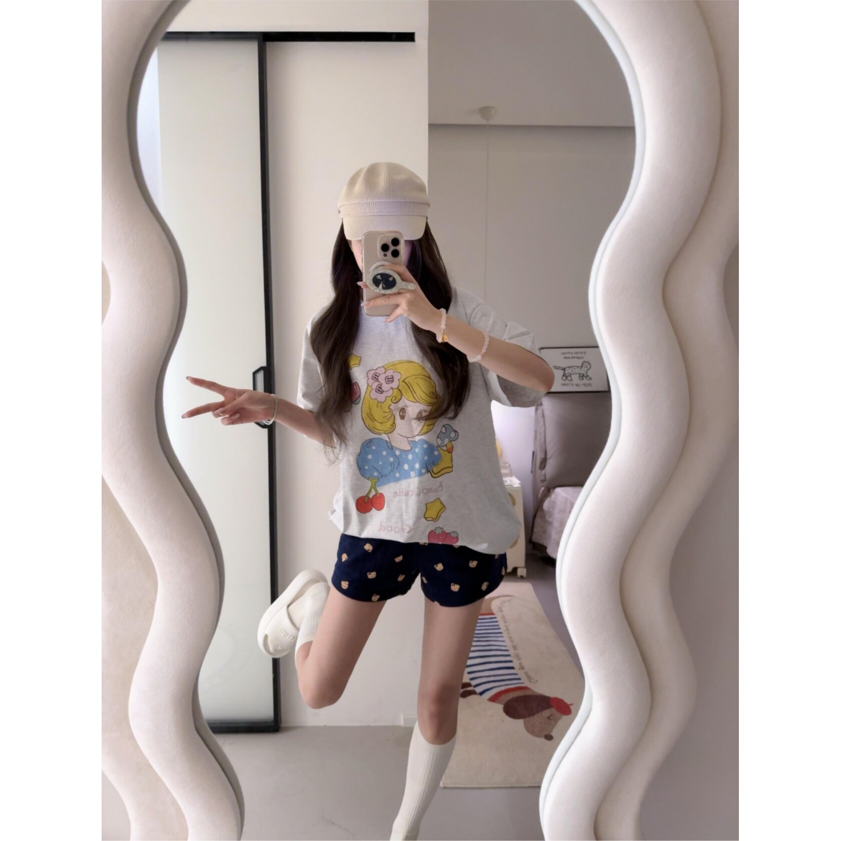 糯叽叽甜妹减龄~美少女印花圆领短袖女T恤/小熊松紧腰短裤女套装