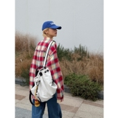 顽季 衬衣女上衣 撞色红彩格纹复古高街小众宽松长袖 果 韩国ins风