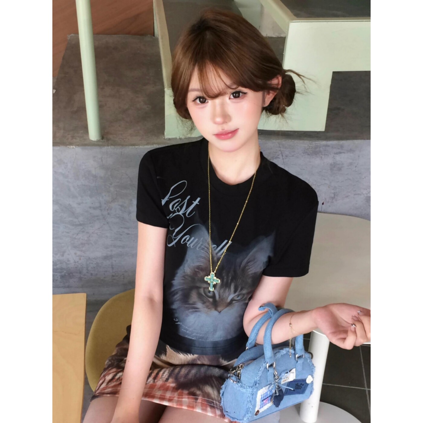 美式复古风 萌宠猫咪印花修身圆领显瘦正肩短袖T恤酷辣短款女上衣
