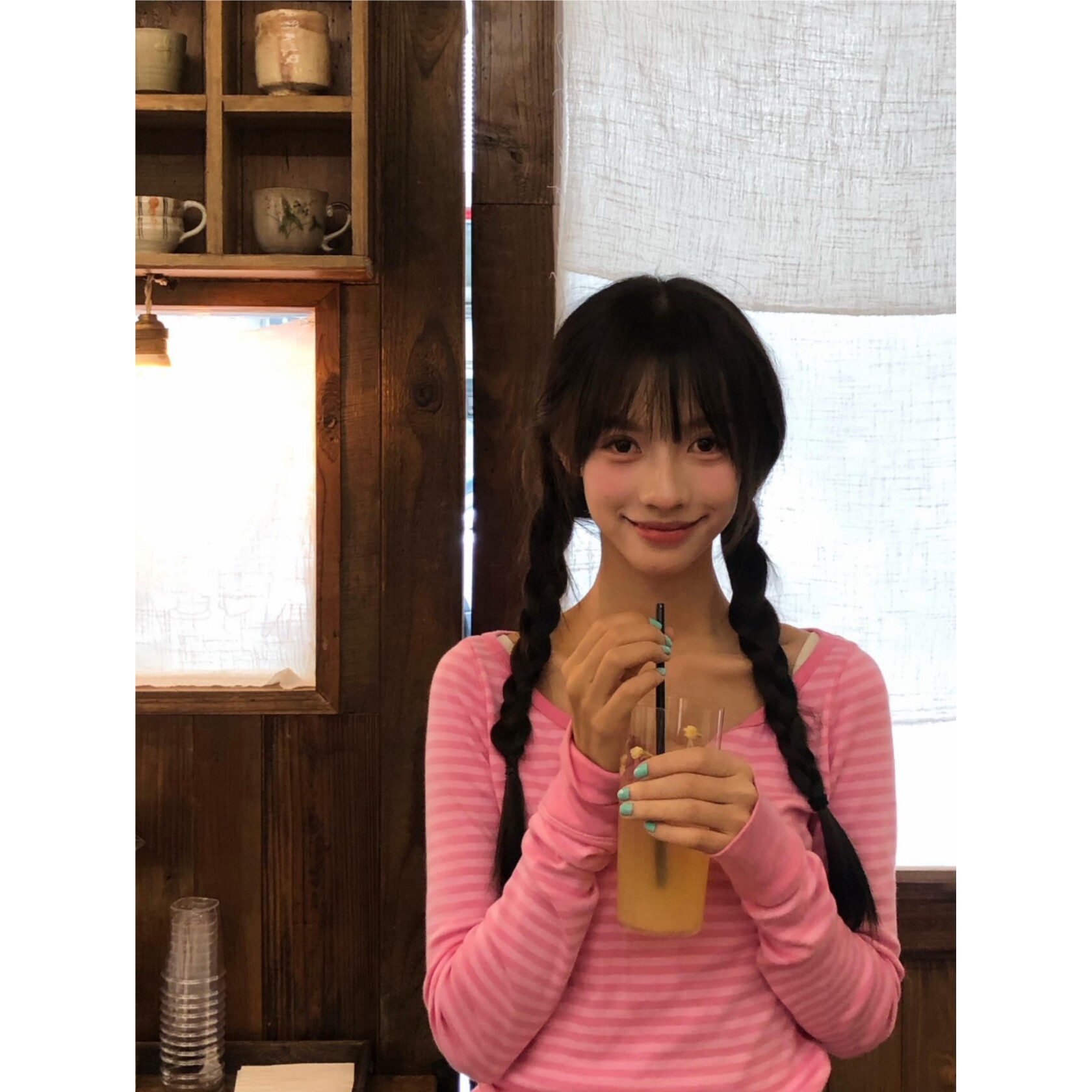 顽季果 奶油少女感~复古粉色条纹V领长袖显瘦百搭打底修身女T恤韩