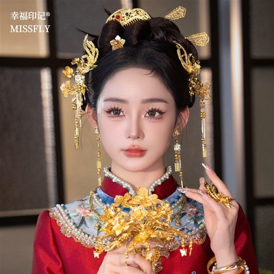 新娘新中式秀禾旗袍龙凤褂汉服头饰婚礼人工玉石合金凤钗梳子发饰