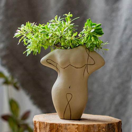 掬涵人像艺术花器创意陶土花瓶北欧抽象客厅干花插花装饰品摆件