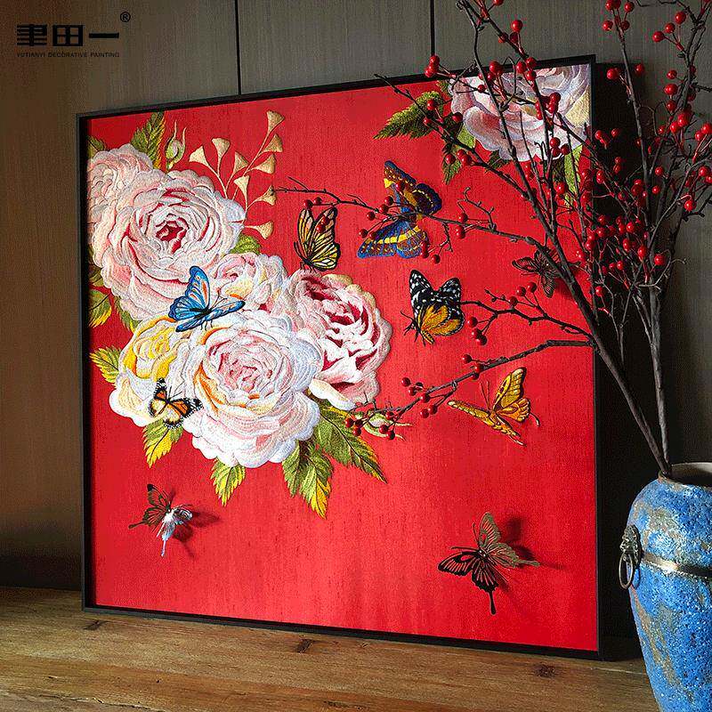 原创新中式刺绣装饰画客厅红色喜庆蝴蝶花卉墙画玄关吉祥立体挂画