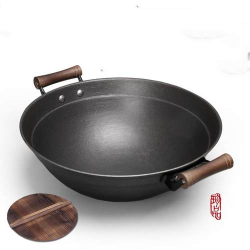 滕州铁锅双耳铸铁锅老式手工炒菜锅家用圆底炒锅无涂层加厚生铁锅