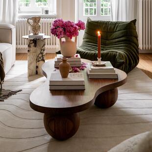 北欧中古实木茶几圆形复古法式茶几简约现代异形设计师创意茶几